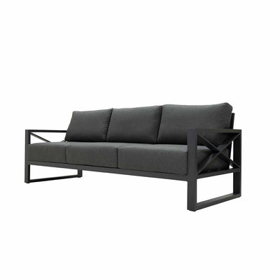 Outdoor furniture collection featuring aluminum outdoor lounge chair, two-seater, and three-seater sofas in charcoal or white, inspired by Hamptons style. Current image: A gray couch with a metal frame on a white background.