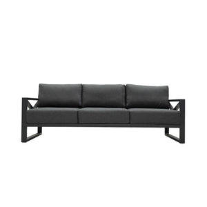 Aluminium outdoor furniture set from Linear Lounge collection, featuring a 3-seater lounge with charcoal frame and cushions.