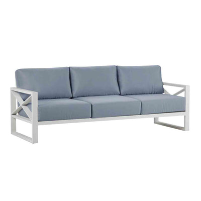 Aluminium 3 seater lounge with white frame and light grey cushions on a white background from the Linear Lounge collection, featuring outdoor lounge chair and other aluminium outdoor furniture pieces.