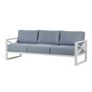 Aluminium outdoor furniture from Linear Lounge collection, featuring outdoor lounge chair and 3-seater lounge with white frame and light grey cushions.