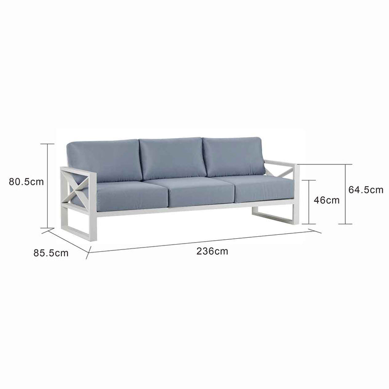 Aluminium 3 seater lounge with white frame and light grey cushions on a white background, part of outdoor lounge collection, including outdoor lounge chair, made from robust aluminium outdoor furniture.