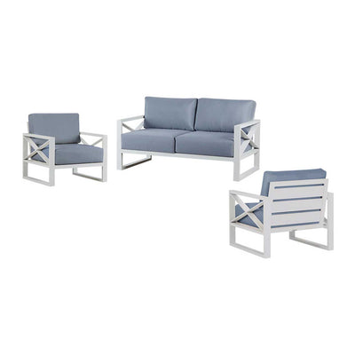 Outdoor furniture set from Linear Lounge collection, including aluminum outdoor lounge chair, two-seater, and three-seater sofa in charcoal or white.