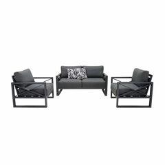 Outdoor furniture set from Linear Lounge collection, including aluminum outdoor lounge chair, two-seater, and three-seater sofa in charcoal or white.