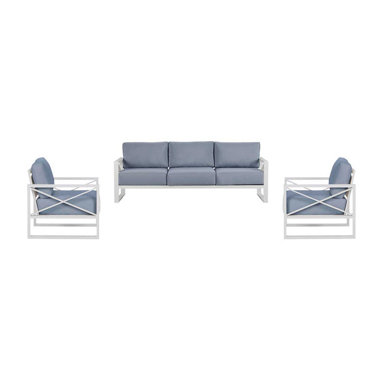 Outdoor furniture set from Linear Lounge collection, including aluminum outdoor lounge chair, two-seater, and three-seater sofa in charcoal or white.