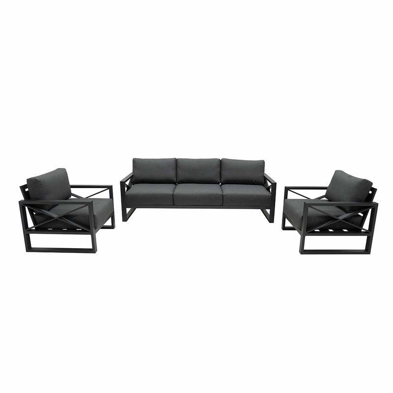 Outdoor furniture set from Linear Lounge collection, including aluminum outdoor lounge chair, two-seater, and three-seater on a white background.