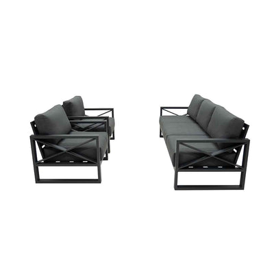 Outdoor furniture collection featuring aluminum outdoor lounge chair, two-seater, and three-seater sofas in charcoal or white, perfect for festive configurations.