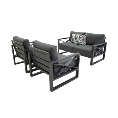 Aluminum outdoor furniture from Linear Lounge collection, including outdoor lounge chair and sofas, in charcoal or white.