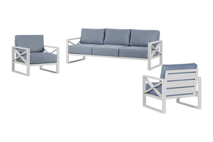 Aluminum outdoor furniture set from Linear Lounge collection, including outdoor lounge chair, two-seater, and three-seater sofas in charcoal or white.