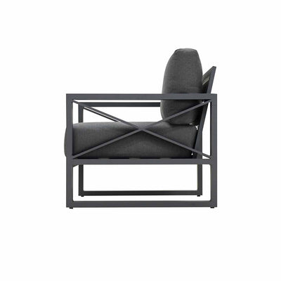 Black aluminum outdoor chair from Linear Lounge collection, part of outdoor furniture set including two-seater and three-seater outdoor lounges, perfect for festive configurations.