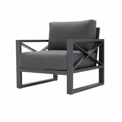 Aluminum outdoor furniture from Linear Lounge collection, featuring outdoor chairs and outdoor lounge in charcoal or white, perfect for festive configurations. Current image: A grey chair with a black frame on a white background.