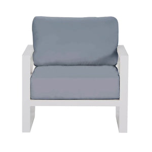 Outdoor furniture collection featuring aluminium outdoor lounge chair, two-seater, and three-seater sofas in charcoal or white, with an aluminium armchair with white frame and light grey cushions on a white background.