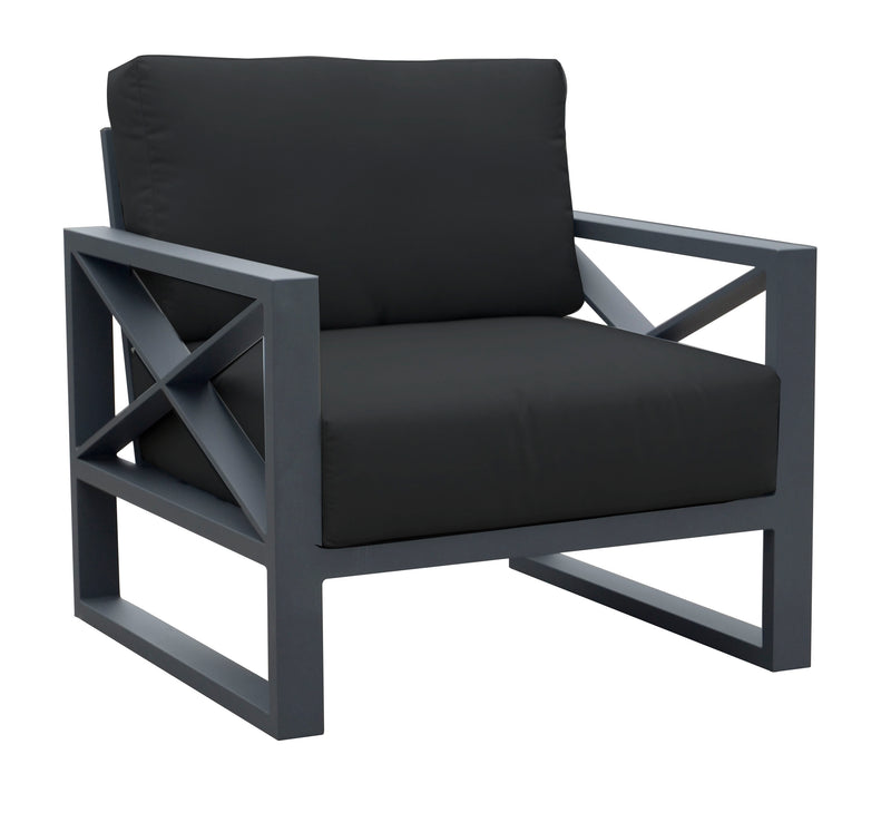 Charcoal or white aluminum outdoor furniture from Linear Lounge collection, including outdoor lounge chair, two-seater, and three-seater sofas, featuring a black chair with a black cushion on it.