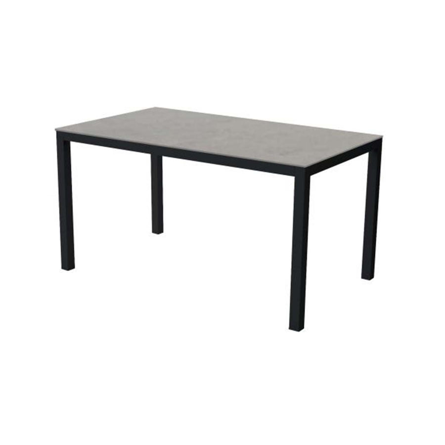 Black, ceramic and aluminium, 140cm Libson outdoor dining table displayed on a plain white background, viewed from a front angle.