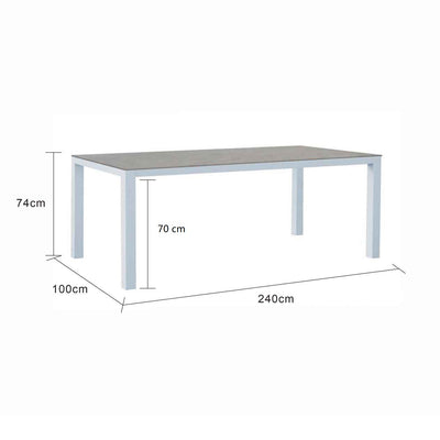 White, ceramic and aluminium Libson outdoor dining table displayed on a plain white background, viewed from a front angle, with its measurements displayed at 240cm long, 100cm wide, and 74cm tall.