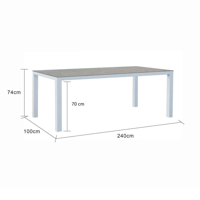 White, ceramic and aluminium Libson outdoor dining table displayed on a plain white background, viewed from a front angle, with its measurements displayed at 240cm long, 100cm wide, and 74cm tall.