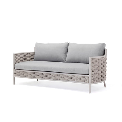 White & beige rope 'Boston' 2 seater outdoor lounge, great for enhancing outdoor living, displayed on a plain white background, viewed from a front angle.