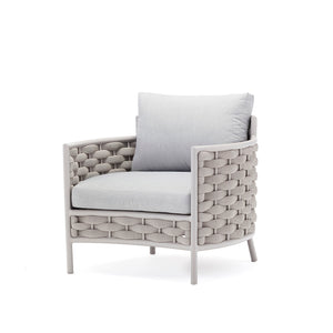 White & beige rope 'Boston' armchair, great for enhancing outdoor living, displayed on a plain white background, viewed from a front angle.