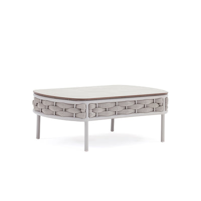107 cm white & beige rope 'Boston' round coffee table for outdoor use, displayed on a plain white background, viewed from a front angle.