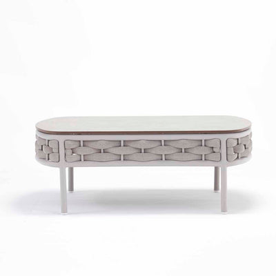 107 cm white & beige rope 'Boston' round coffee table for outdoor use, displayed on a plain white background, viewed from the front.