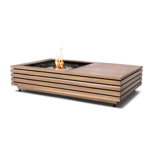Rectangular teak wood Ecosmart Manhattan firepit set against a plain white background, a stylish natural addition to outdoor furniture.