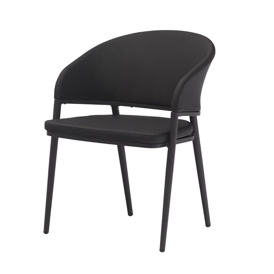 Black aluminium Medea outdoor dining chair, with sleek zip off cushion covers, displayed on a plain white background, viewed from a front angle.