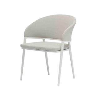 White aluminium Medea outdoor dining chair, with sleek zip off cushion covers, displayed on a plain white background, viewed from a front angle.