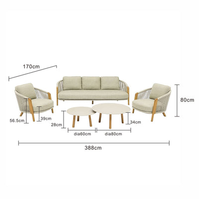 Milano 5 Seater Outdoor Teak and Rope Lounge With Coffee Table Set