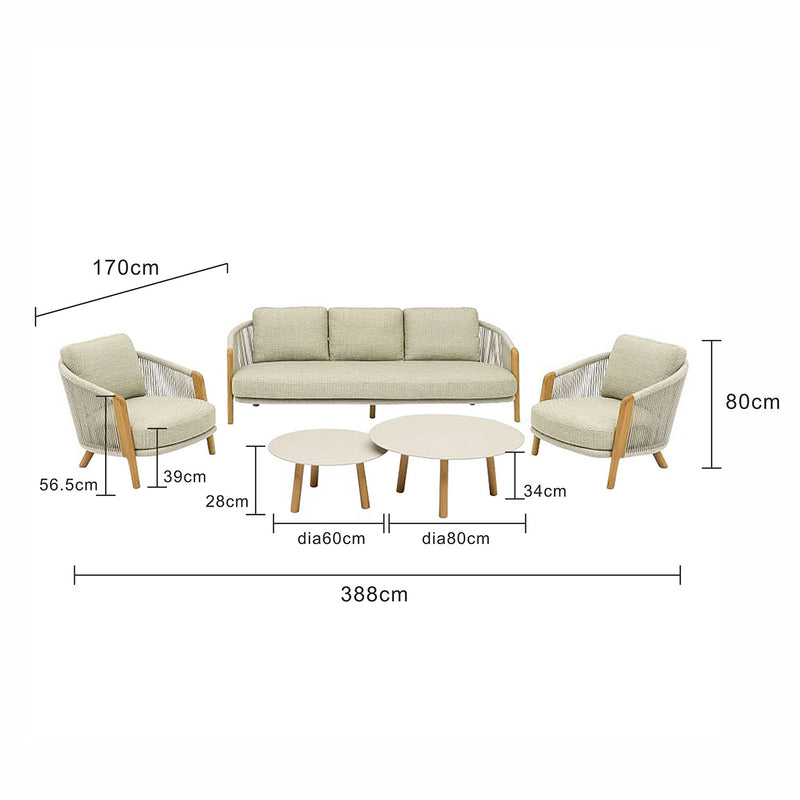 Milano 5 Seater Outdoor Teak and Rope Lounge With Coffee Table Set