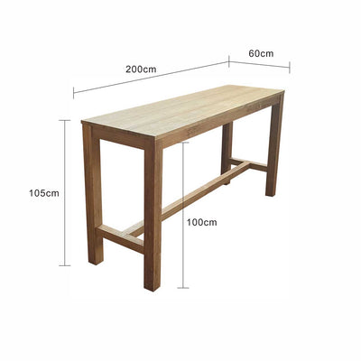 Light-brown rectangular wooden outdoor bar table, made of recycled teak, displayed on a plain white background, viewed from a front angle. Its measurements are shown at 200 cm long, 60 cm wide, and 105 cm tall.