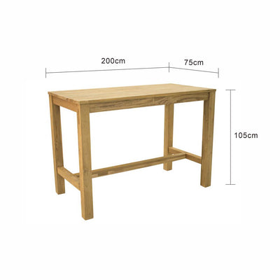The 'Miles' outdoor bar table, one of Remarkable Outdoor Living's favourite wooden outdoor tables, is displayed on a plain white background, viewed from a front angle. Its measurements are clearly shown at 200 cm long, 75 cm wide, and 105 cm tall.