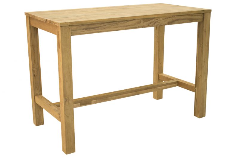 Light-brown 200 cm rectangular wooden outdoor bar table, made of recycled teak, displayed on a plain white background, viewed from a front angle.