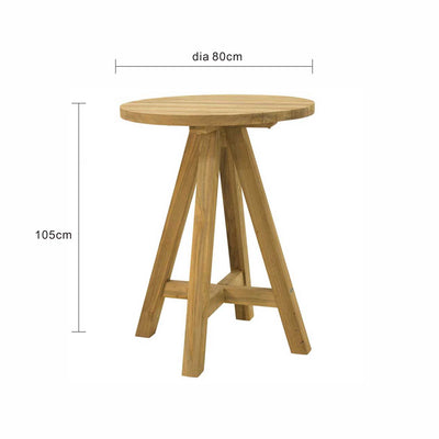 The 'Milo' round wooden outdoor bar table, a favourite among Remarkable Outdoor Living's wooden outdoor tables, is displayed on a plain white background, viewed from the front. Its measurements are clearly shown at 105 cm tall, and 80 cm wide.