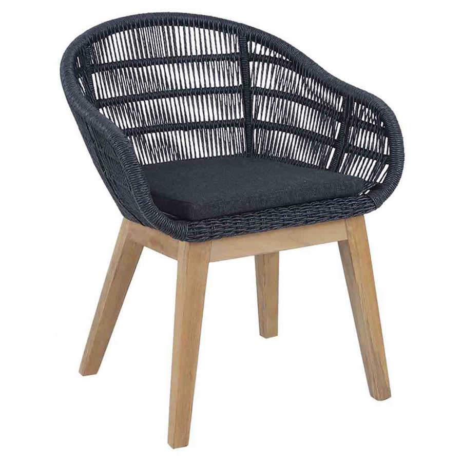 Outdoor furniture: A wicker dining chair with black frame and charcoal fabric set against a white background. Outdoor chairs, outdoor balcony furniture.
