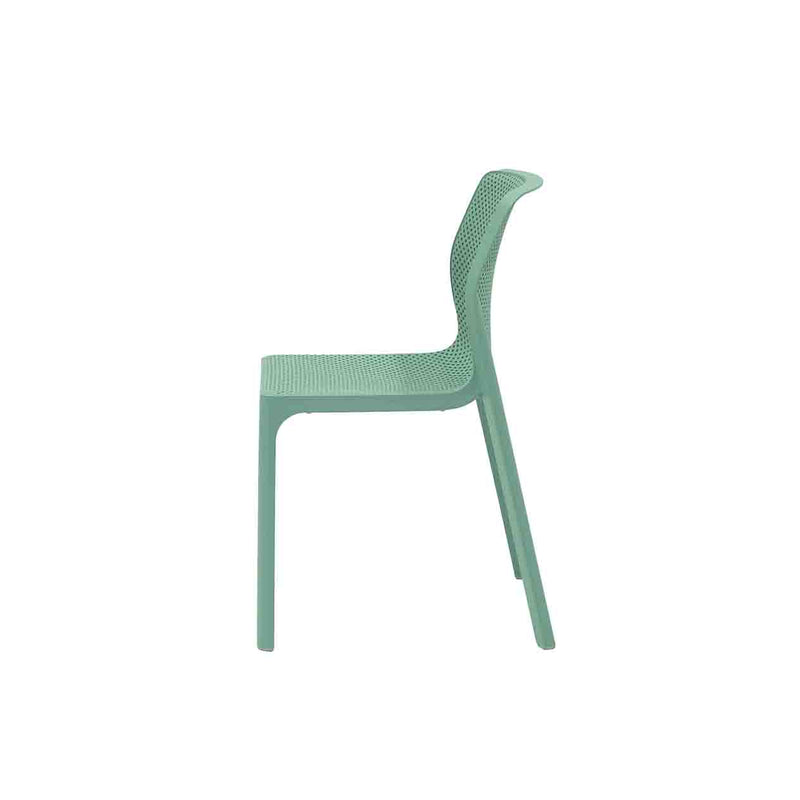 Bluish Green Resin Nardi Bit Outdoor Dining Chair displayed on a plain white background, viewed from the side.