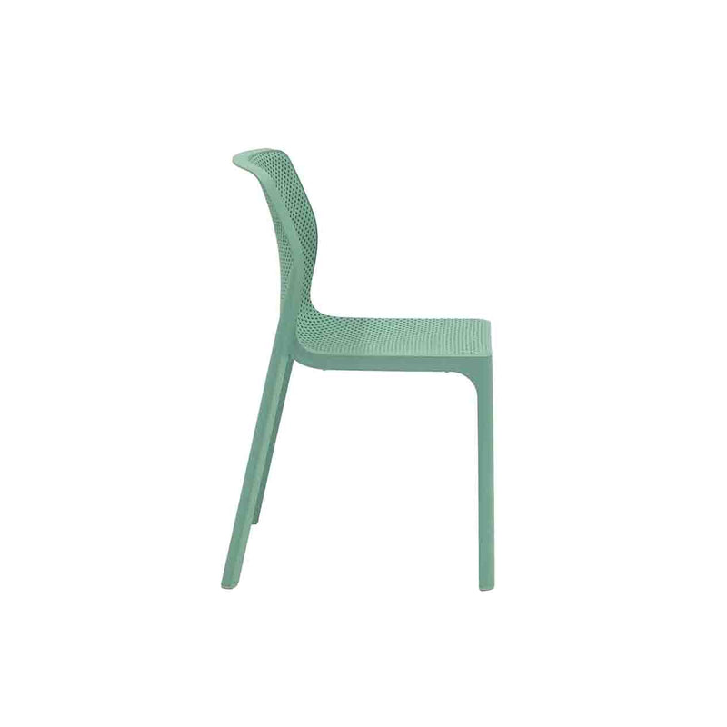 Bluish Green Resin Nardi Bit Outdoor Dining Chair displayed on a plain white background, viewed from the side.