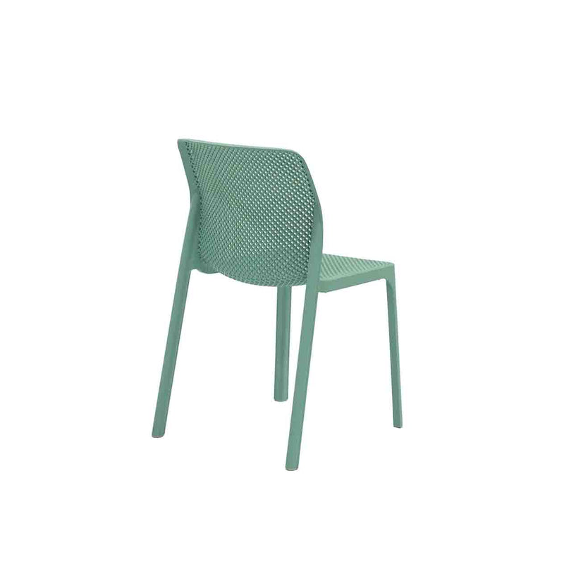 Bluish Green Resin Nardi Bit Outdoor Dining Chair displayed on a plain white background, viewed from a back angle.