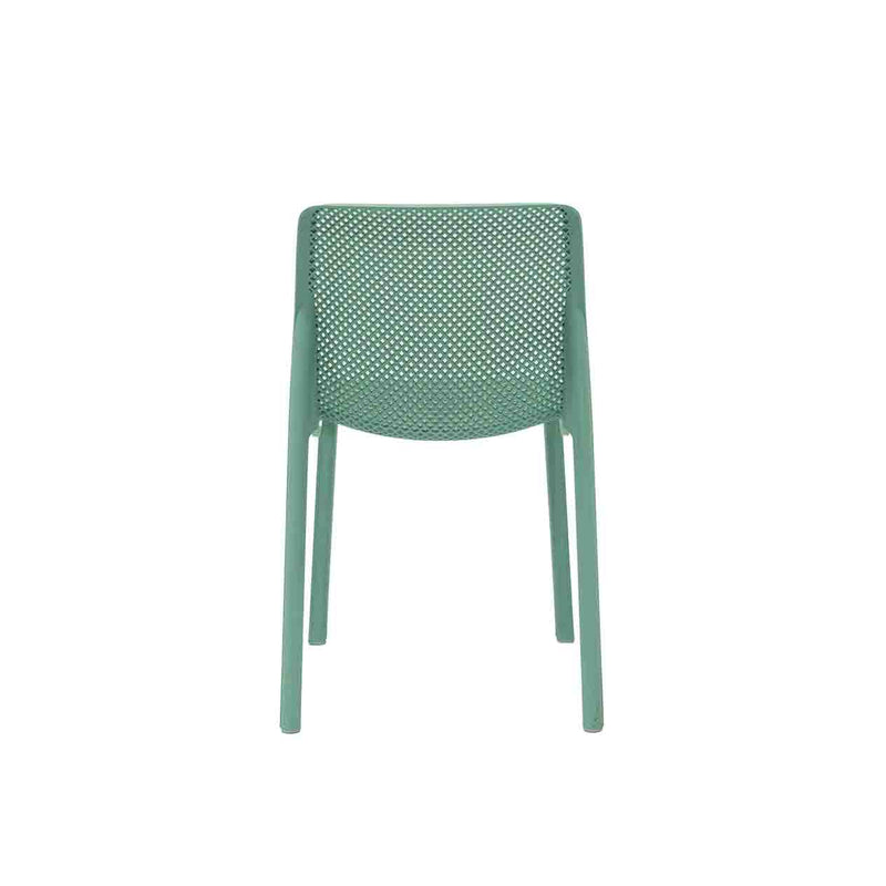 Bluish Green Resin Nardi Bit Outdoor Dining Chair displayed on a plain white background, viewed from the back.