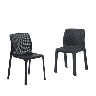 Three Black Resin Nardi Bit Outdoor Dining Chairs displayed against a plain white background. Two are stacked on top of each other, while the other is by itself.