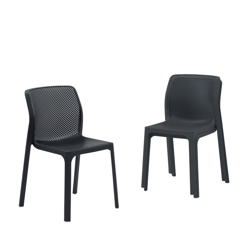 Three Black Resin Nardi Bit Outdoor Dining Chairs displayed against a plain white background. Two are stacked on top of each other, while the other is by itself.