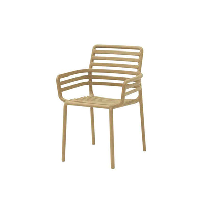 Brown resin Nardi Doga outdoor dining chair with arms, perfect for alfresco furniture setups, displayed on a plain white background, viewed from a front angle.