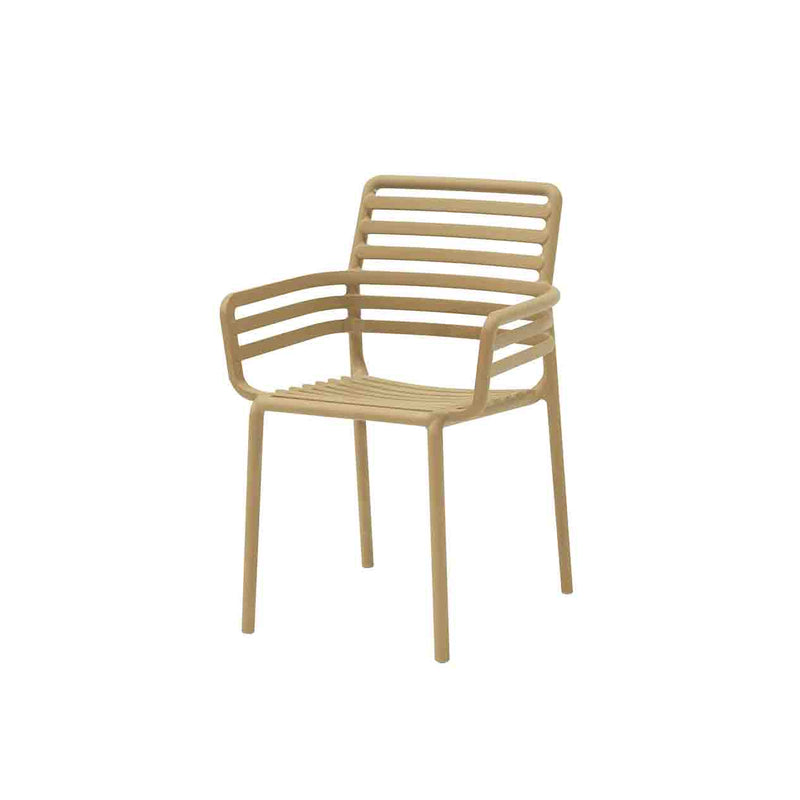 Brown resin Nardi Doga outdoor dining chair with arms, perfect for alfresco furniture setups, displayed on a plain white background, viewed from a front angle.