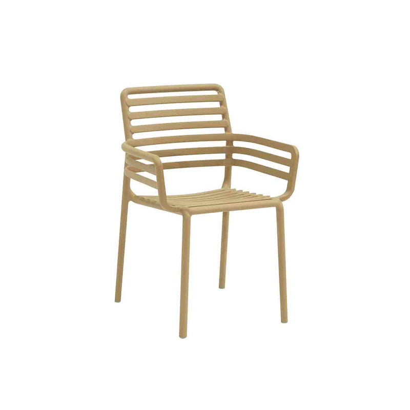 Light Brown Resin Nardi Doga Outdoor Dining Chair (with arms) displayed on a plain white background, viewed from a front angle.