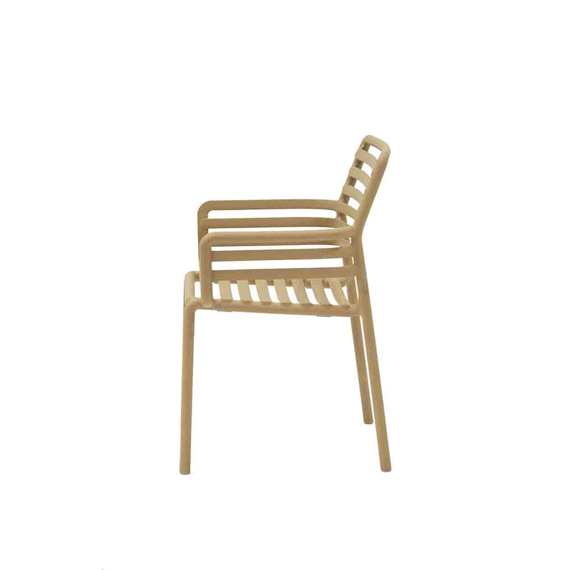 Light Brown Resin Nardi Doga Outdoor Dining Chair (with arms) displayed on a plain white background, viewed from the side.