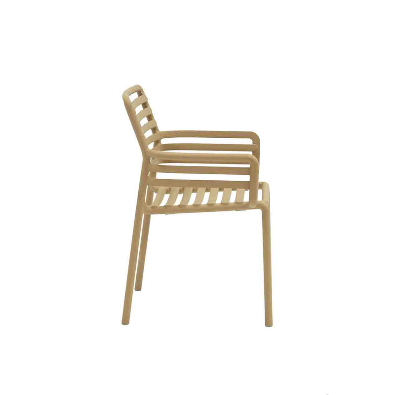 Light Brown Resin Nardi Doga Outdoor Dining Chair (with arms) displayed on a plain white background, viewed from the side.