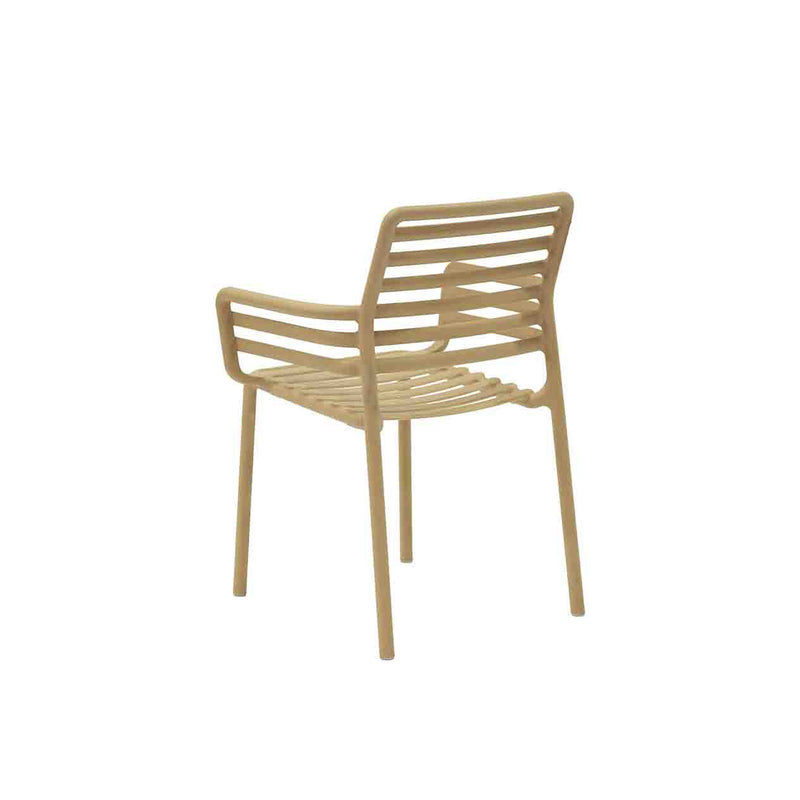 Light Brown Resin Nardi Doga Outdoor Dining Chair (with arms) displayed on a plain white background, viewed from a back angle.