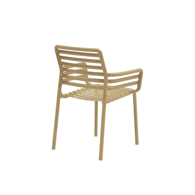 Light Brown Resin Nardi Doga Outdoor Dining Chair (with arms) displayed on a plain white background, viewed from a back angle.