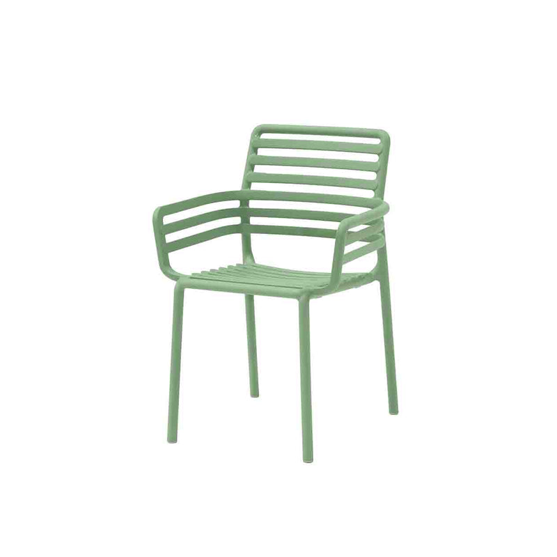 Light-green resin Nardi Doga outdoor dining chair with arms, perfect for alfresco furniture setups, displayed on a plain white background, viewed from a front angle.