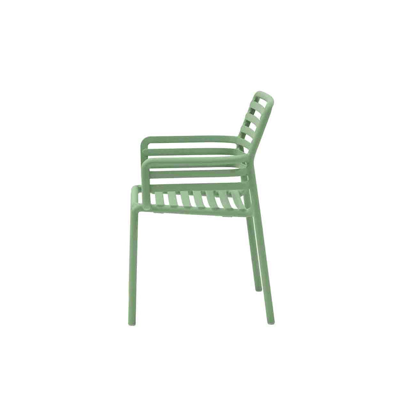 Light Green Resin Nardi Doga Outdoor Dining Chair (with arms) displayed on a plain white background, viewed from the side.