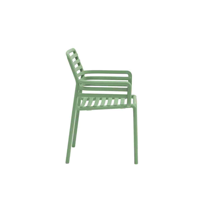 Light Green Resin Nardi Doga Outdoor Dining Chair (with arms) displayed on a plain white background, viewed from the side.