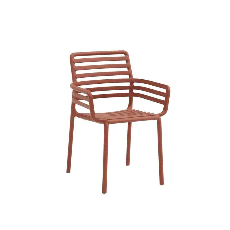 Red Resin Nardi Doga Outdoor Dining Chair (with arms) displayed on a plain white background, viewed from a front angle.